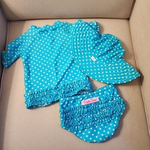 Toddler Ruffle Butts swimsuit and sun hat. Turquoise w/ white polka-dot. 18-24M